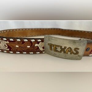 Vintage Tooled Red/White Floral Leather Belt Texas Belt Buckle 40 Inch “Steve”